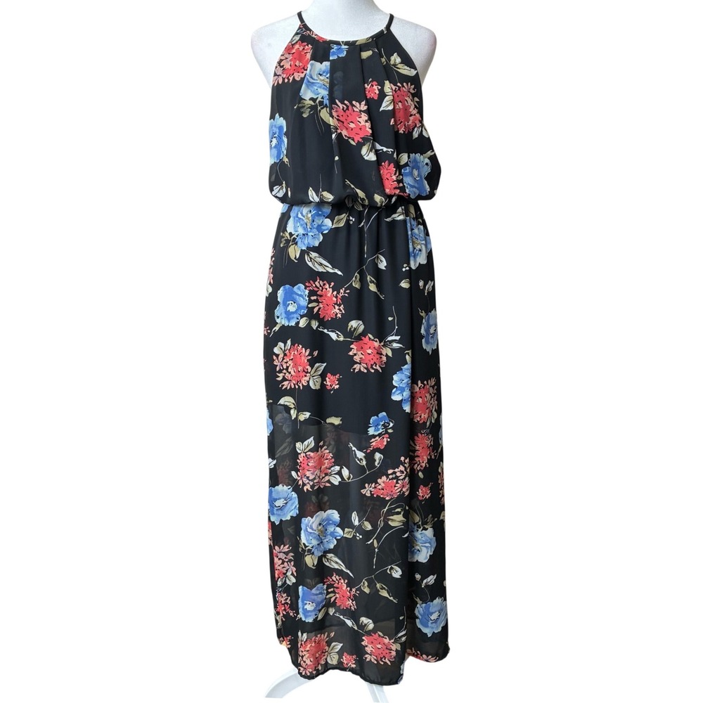 Scobe Floral Halter Maxi‎ Dress Black Blue Red Fairy Whimsy Goth Sheer Lined Med